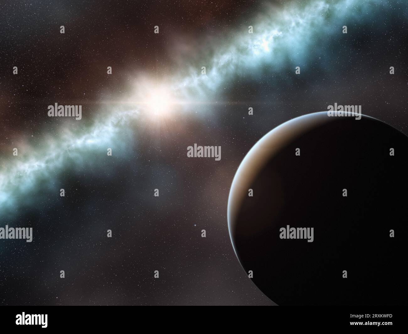 Die Silhouette des Planeten vor einem Sternenhimmel mit Nebel Stockfoto