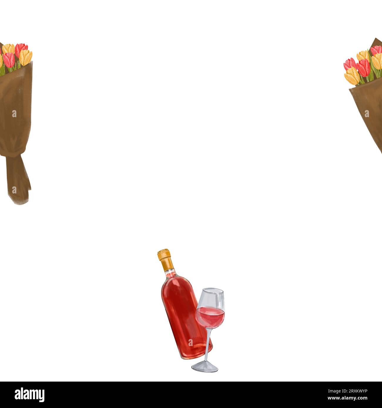 Nahtloses Aquarellmuster mit einem Blumenstrauß, einer Flasche Rotwein und einem Glas Wein. Handgezeichneter französischer, rustikaler Blumenweindruck. Für Texti Stockfoto