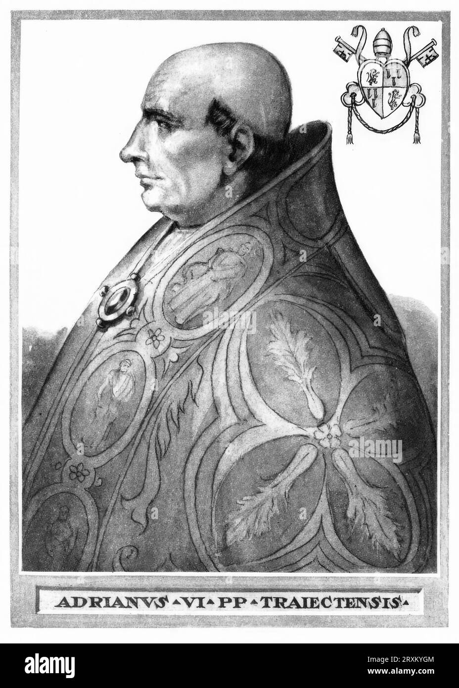 Hadrian VI., mit bürgerlichem Namen Adriaan Floriszoon (geb. Boeyens bzw. Adriaan Florisz d’Edel, in damaliger Schreibweise Adriaen Floriszoon Boeiens, im Deutschen auch unter dem Namen Adrian von Utrecht bekannt (geb. März 1459 in Utrecht, verstorben am 14. September 1523 in Rom), war vom 9. Januar 1522 bis zu seinem Tode Papst, Historisch, digital restaurierte Reproduktion von einer Vorlage aus dem 19. Jahrhundert/Hadrian VI., mit dem bürgerlichen Namen Adriaan Floriszoon (geb. Boeyens bzw. Adriaan Florisz d’Edel, in der früheren Schreibweise Adriaen Floriszoon Boeiens, auch in deutscher Sprache) Stockfoto