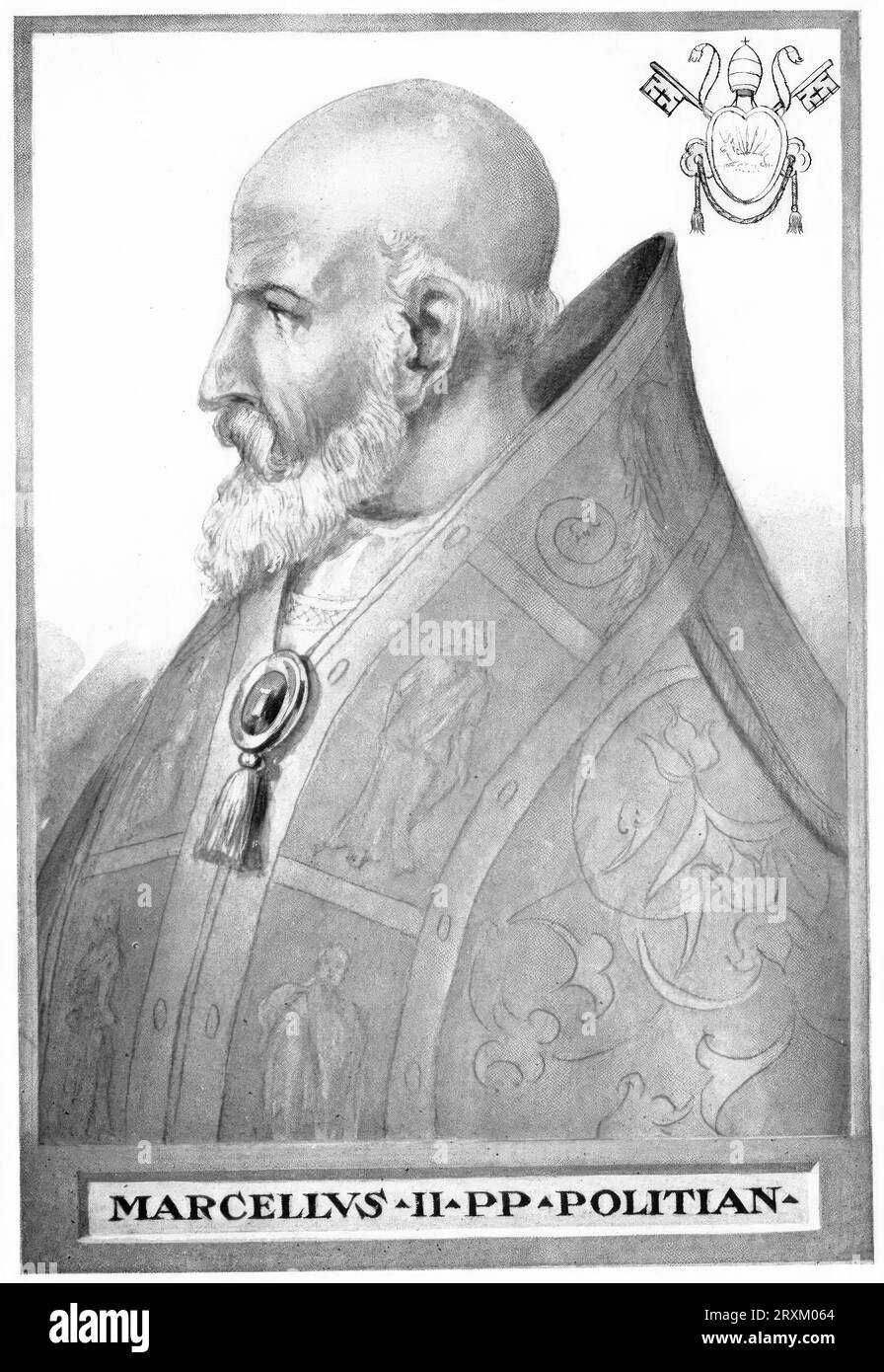Marcellus II (Geb. 6. Mai 1501 in Montefano, verstorben 1. Mai 1555 in Rom), Geburtsname Marcello Cervini, war vom 9. April bis zum 1. Mai 1555 Papst der katholischen Kirche, Historisch, digital restaurierte Reproduktion von einer Vorlage aus dem 19. Jahrhundert/Marcellus II. (* 6. Mai 1501 in Montefano, gestorben 1. Mai 1555 in Rom), Geburtsname Marcello Cervini, war vom 9. April bis 1. Mai 1555 Papst der katholischen Kirche, historische, digital restaurierte Reproduktion eines Originals aus dem 19. Jahrhundert Stockfoto