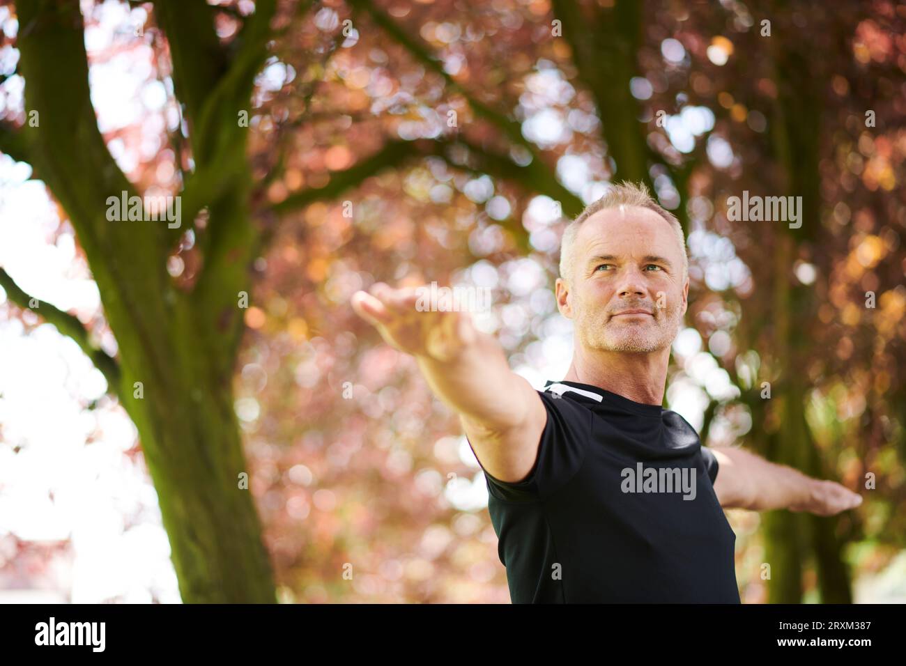 Reifer Mann, der Yoga im Park praktiziert Stockfoto