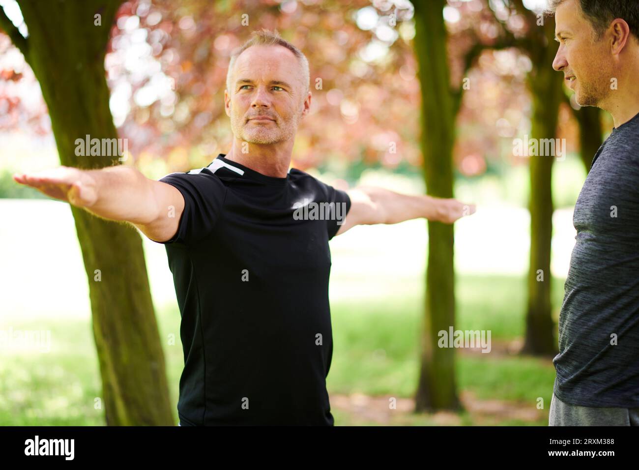 Reife Männer, die Yoga im Park üben Stockfoto