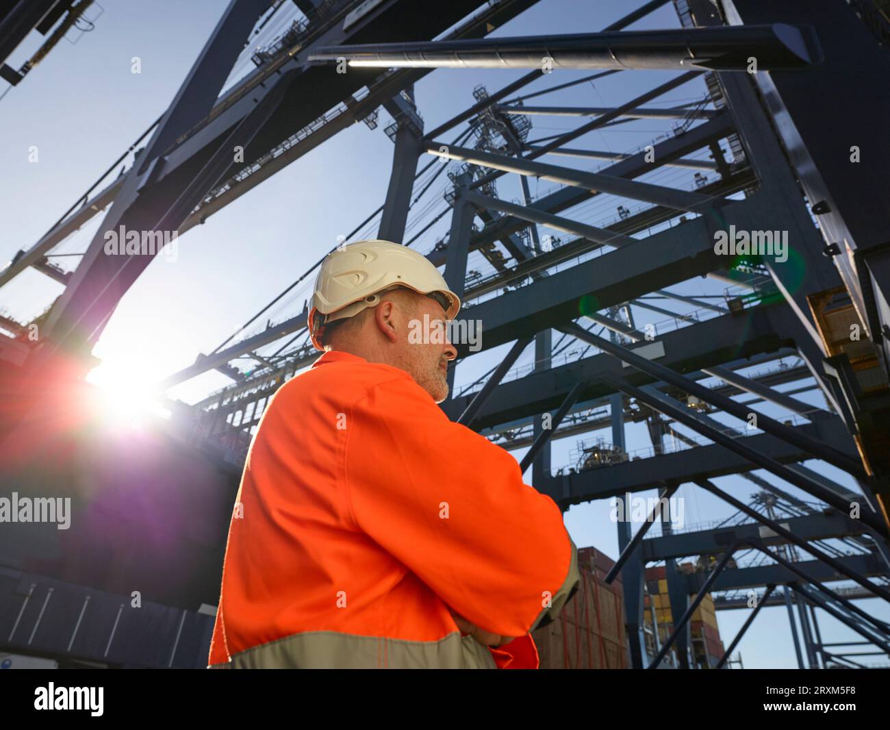 Hafenarbeiter unter Kräne im Hafen von Felixstowe, England Stockfoto