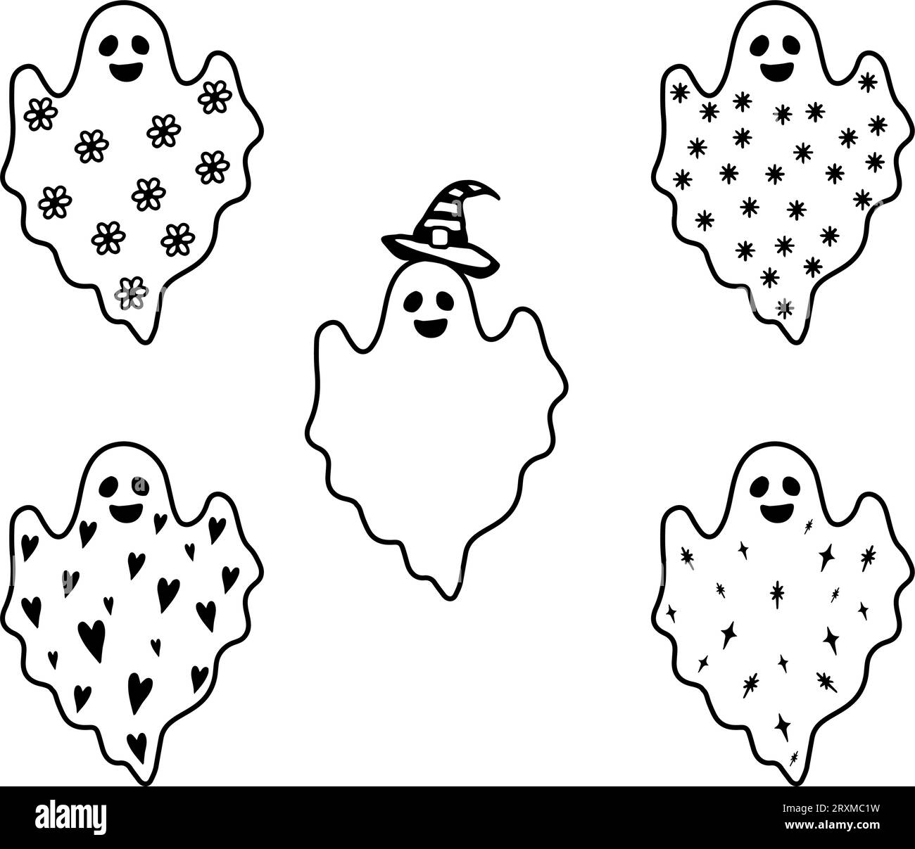 Set aus niedlichem Geist. Sammlung von fliegendem Geist mit Hexenhut, Blumen, Schneeflocken, Sternen. Halloween-Symbol. Buh. Vektorillustration Stock Vektor