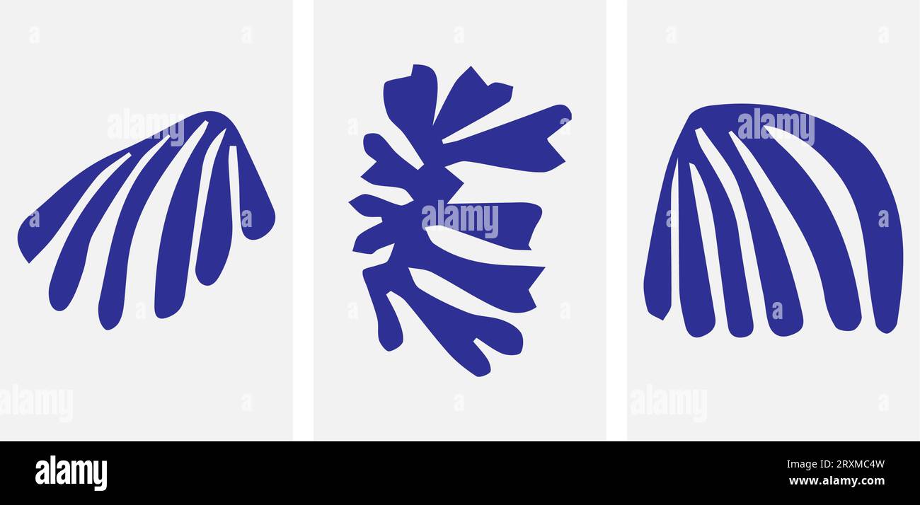 Ein Set aus drei abstrakten Postern. Moderne Wandkunst mit organischen, unregelmäßigen geometrischen Formen. Minimalistisches Bild für kreatives Design. Vektorillus Stock Vektor