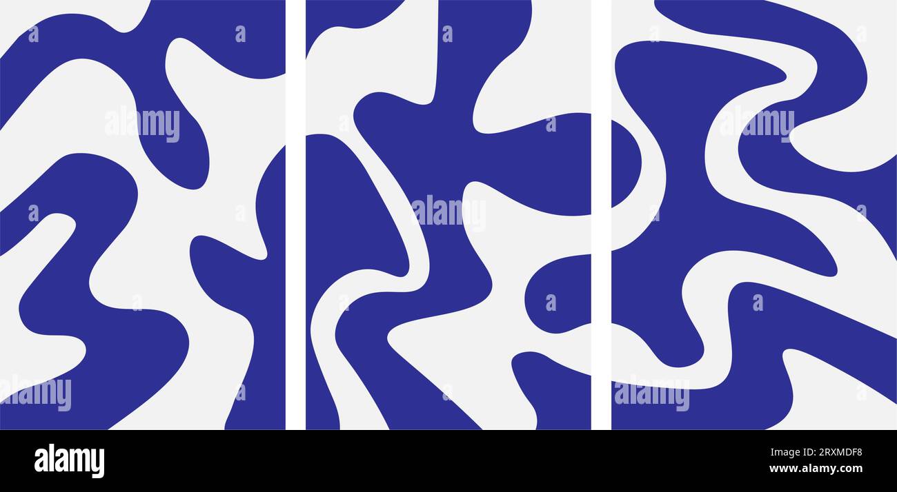 Ein Set aus drei abstrakten Postern. Moderne Wandkunst mit organischen, unregelmäßigen geometrischen Formen. Minimalistisches Bild für kreatives Design. Vektorillus Stock Vektor