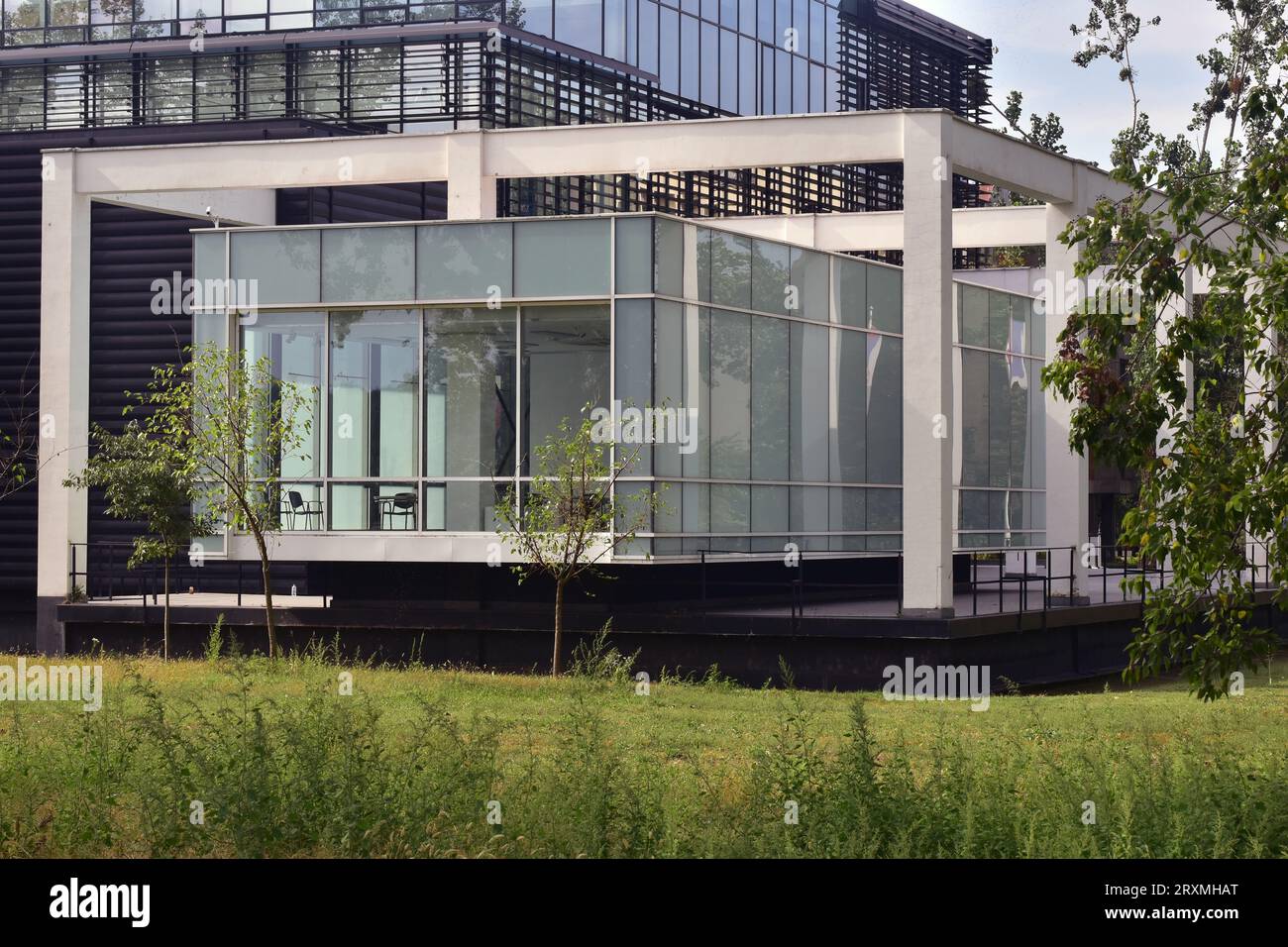 Grünes Gebäude im Park. Modernes Außengebäude und Architektur. Stockfoto