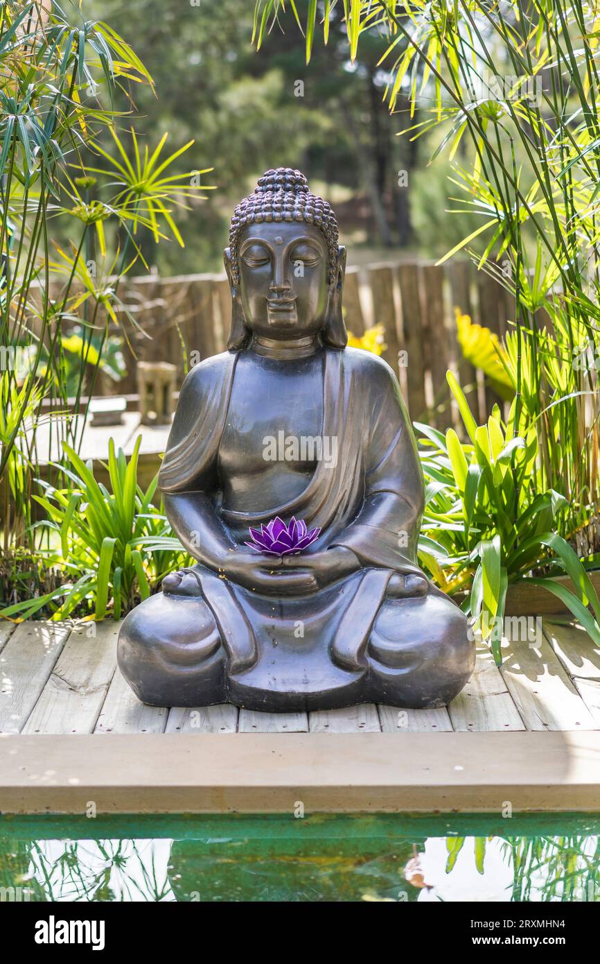 Meditierende Buddha-Statue mit einem lila Lotus an den Händen auf einem Hinterhof. Vertikale Aufnahme Stockfoto