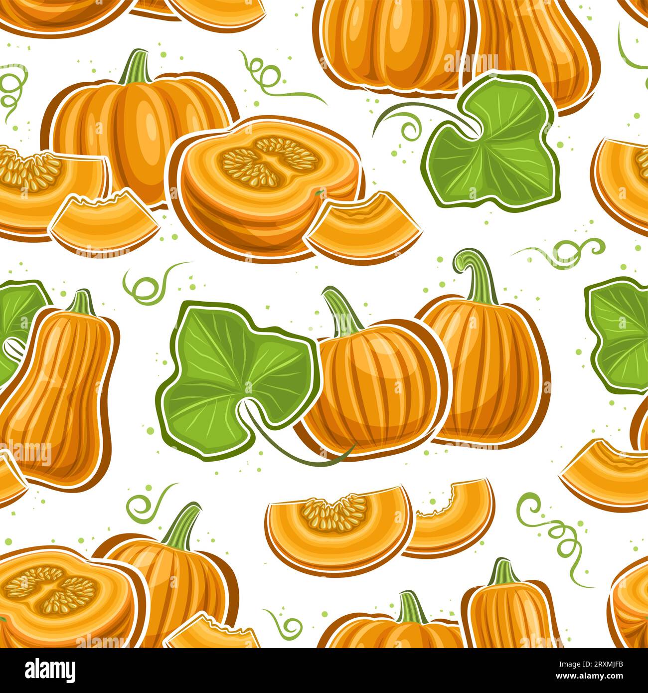 Vector Pumpkin Seamless Pattern, quadratischer, wiederholter Hintergrund mit Illustrationen reifer Kürbis Stillleben Kompositionen mit grünen Blättern zum Umwickeln von PA Stock Vektor
