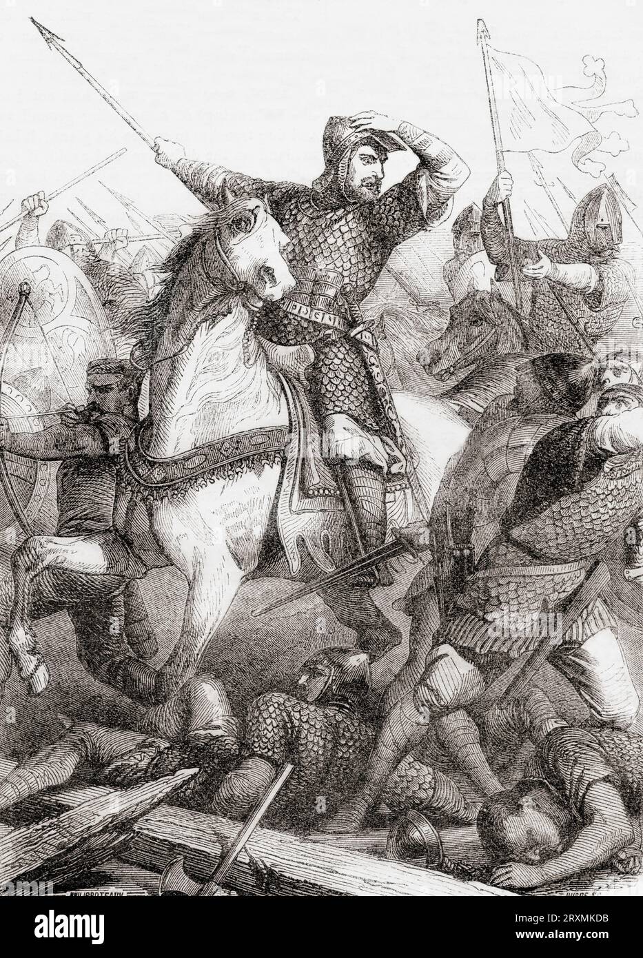 Die Schlacht von Hastings am 14. Oktober 1066, die zwischen der normannisch-französischen Armee von William, dem Herzog der Normandie, und der englischen Armee unter dem angelsächsischen König Harold Godwinson ausgetragen wurde, begann die normannische Eroberung Englands. Aus Cassell's Illustrated History of England, veröffentlicht 1857. Stockfoto