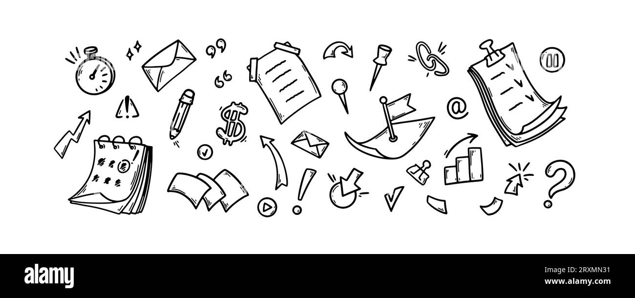 Eine Reihe von Doodle-Elementen für Geschäftsbüros. Hand gezeichnet stationär, Pfeil, fliegender Papierstapel, Stift, Kalender. Vektorillustration im Skizzenstil Stock Vektor