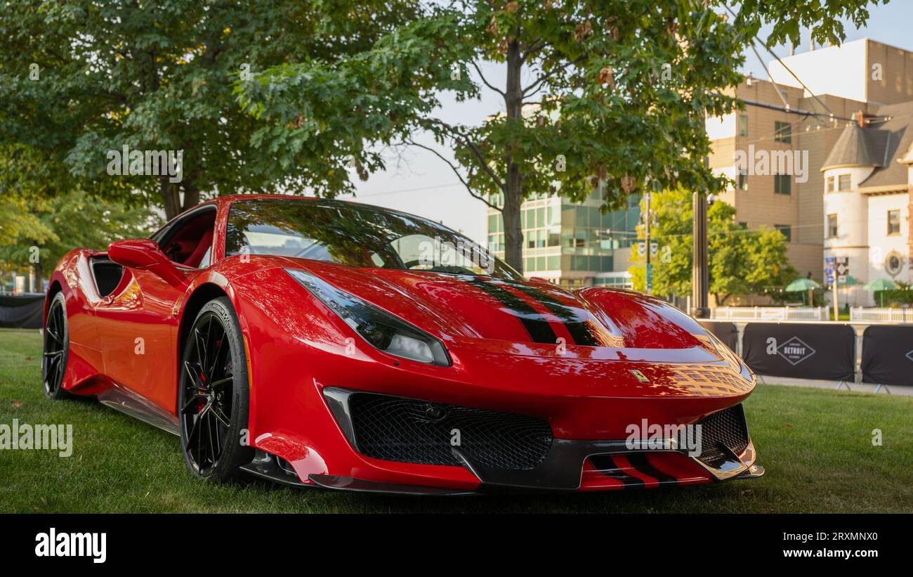 DETROIT, MI/USA - 23. SEPTEMBER 2023: Ein Ferrari 488 Pista, Detroit Concours'd Elegance. Stockfoto