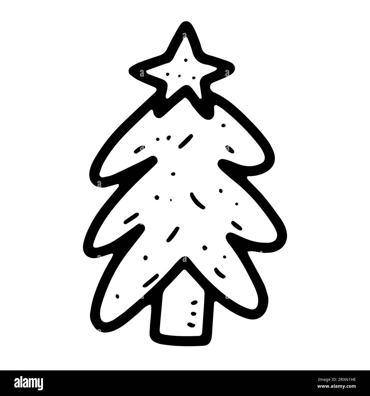 Vector Cozy Doodle Tree Illustration. Handgezeichneter Tannenbaum auf weißem Hintergrund. Skandinavische Fichte mit Stern umreißen. Frohes Neues Jahr, Frohe Weihnachten Stock Vektor