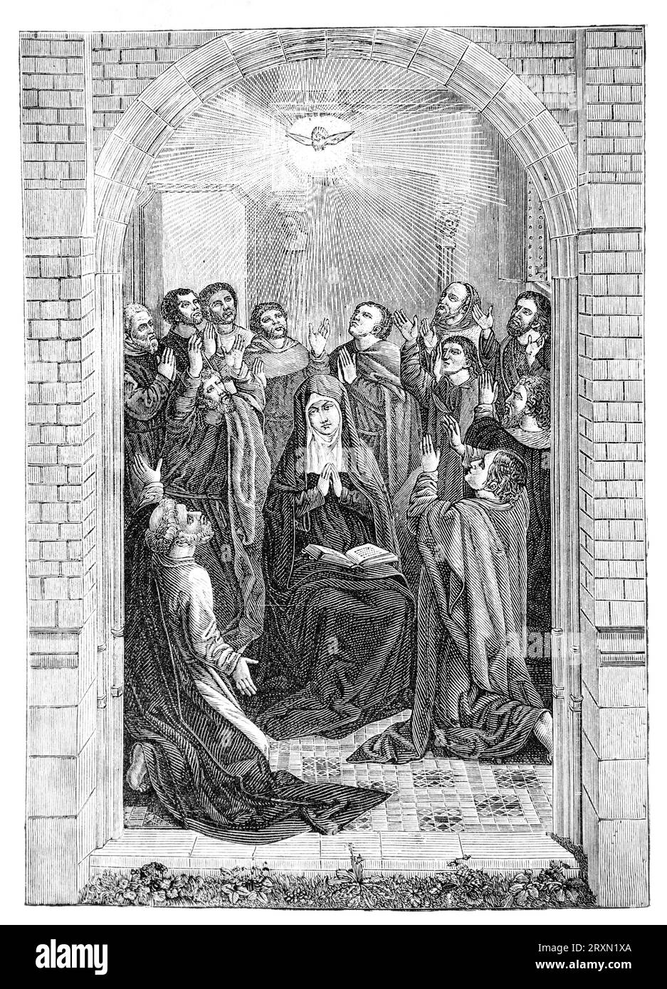 Pfingsten - Descent of the Holy Ghost, monochrome Gravur nach Hans Memling Gravur aus dem Leben der Heiligen von Sabin Baring-Gould, veröffentlicht 1897. Stockfoto