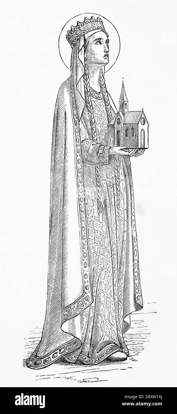 St. Clotilda, Königin der Franken. Zweite Ehefrau des fränkischen Königs Clovis I. Zusammen mit Clovis baute sie die Kirche der Heiligen Apostel in Paris, die später als Abtei von St. Genevieve bekannt war. Clotilda ist mit einem Modell der Kirche dargestellt. Gravur von Leben der Heiligen von Sabin Baring-Gould, veröffentlicht 1897. Stockfoto