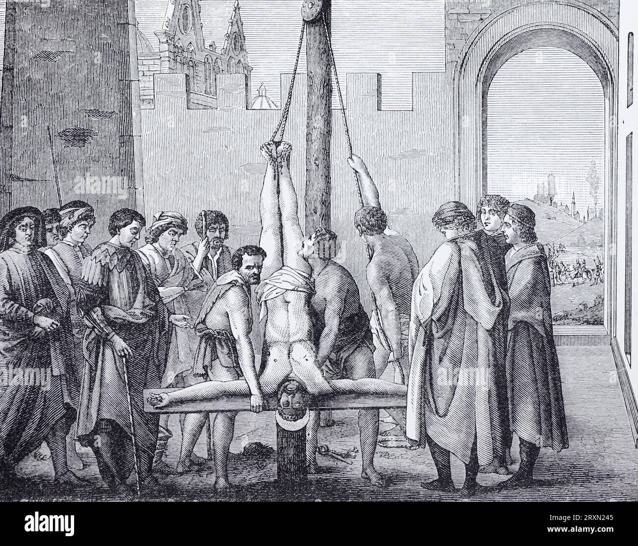 Das Martyrium des heiligen Petrus: Gravur aus dem Leben der Heiligen von Sabin Baring-Gould, veröffentlicht 1897. Stockfoto