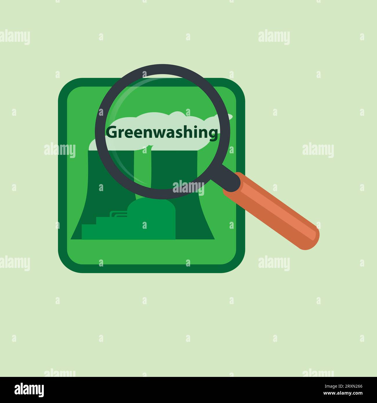 Lupe auf dem Text Greenwashing, der auf den Rauch eines Kraftwerks geschrieben wurde Stock Vektor