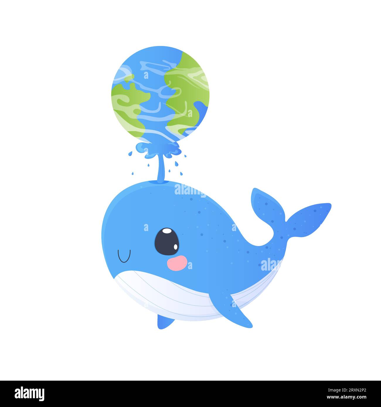 Der süße Wal hält die Erde mit einem Brunnen. Postkarte, Wal hält die Erde. T-Shirt-Druck, Baby. Blauwale, Kindersymbole für Aufkleber, Babys Stock Vektor