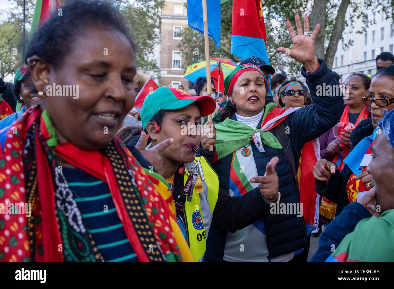 Britische Eritreer veranstalten eine Freiheitskundgebung in Central London. Stockfoto
