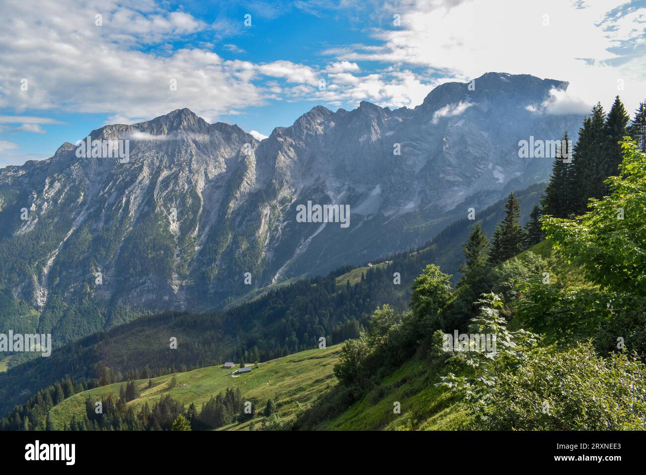 Blick von der Rossfeld Panoramastraße bei Berchtesgaden auf die hohe Goell und die Kuchler Goell, Berchtesgadener Alpen, Bayern, Deutschland Stockfoto