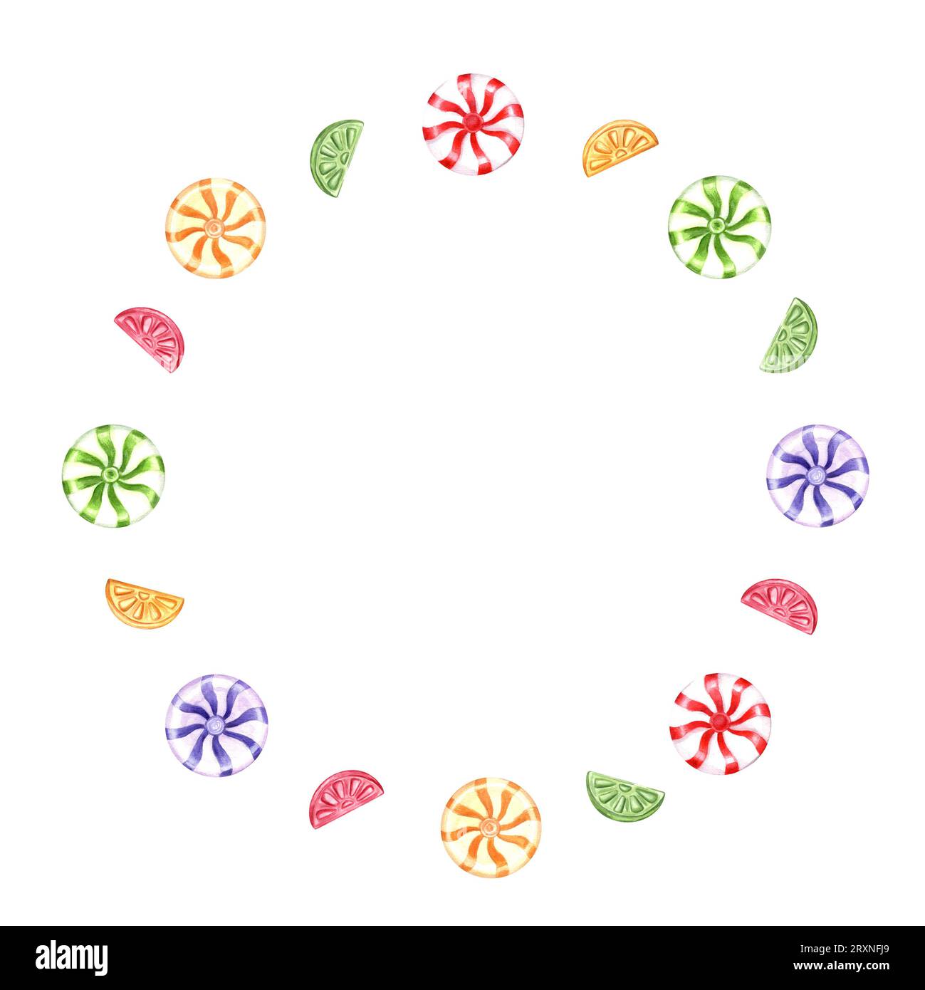 Kranz mit bunten glänzenden Bonbons, Lutscher mit roten, grünen, blauen, gelben Wirbeln, Streifen. Runde Bonbons, süßes Karamell. Aquarellzeichnung Stockfoto