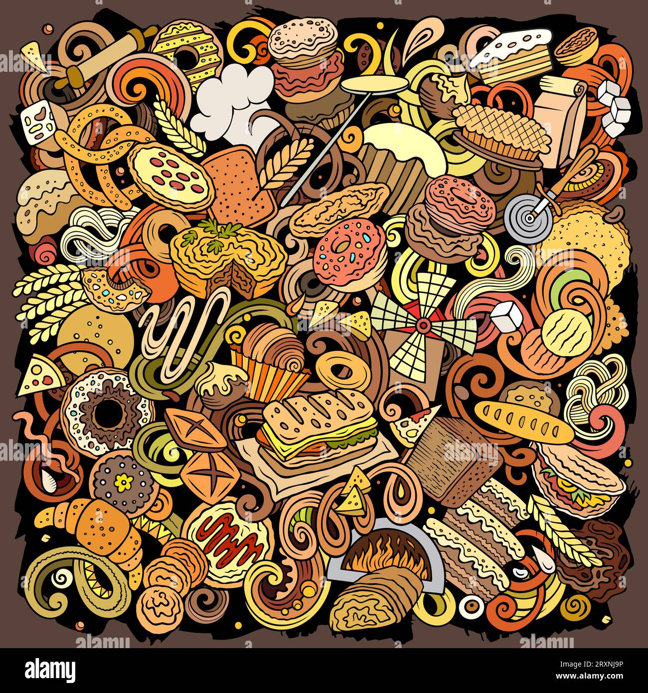 Cartoon Vector Bakery Doodle Illustration zeigt eine Vielzahl von Bäckereiobjekten und Symbolen. Leuchtende Farben skurriles lustiges Bild. Stock Vektor