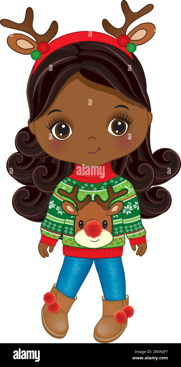 Vector süßes afroamerikanisches Mädchen im Weihnachtspullover Stock Vektor