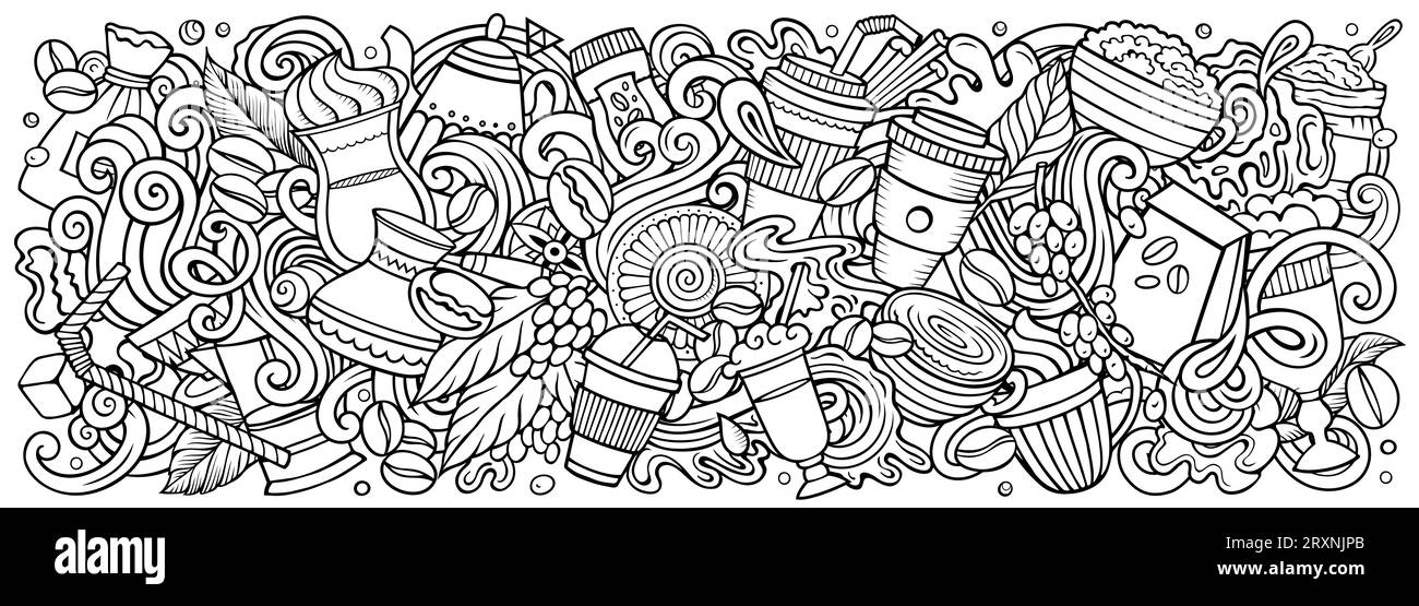 Comic Vector Coffee Doodle Illustration zeigt eine Vielzahl von Coffeehouse-Objekten und -Symbolen. Ein skurriles, lustiges Bild. Stock Vektor