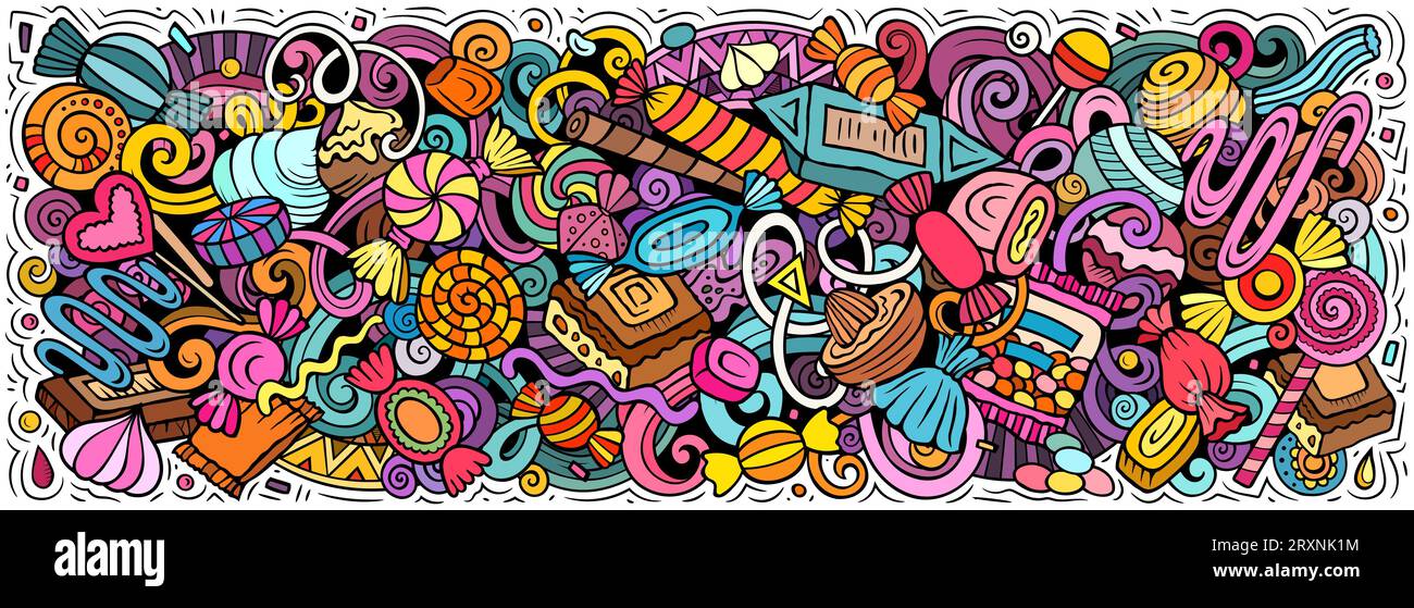 Comic Vector Candies Doodle Illustration zeigt eine Vielzahl von süßen Lebensmitteln Objekte und Symbole. Leuchtende Farben skurriles lustiges Bild. Stock Vektor
