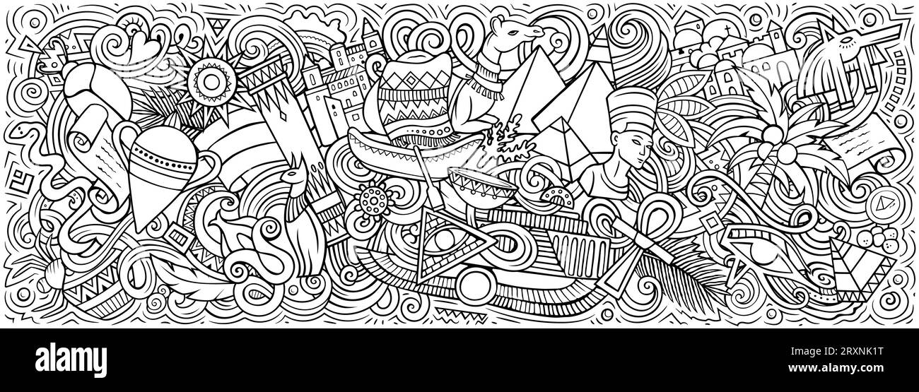 Vektor-Illustration mit ägyptischen Themendrachen. Skizzenhaftes und auffälliges Bannerdesign, das die Essenz der ägyptischen Kultur und Traditionen einfängt Stock Vektor