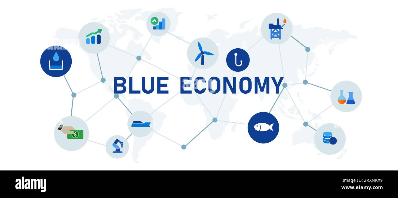 Blue Economy Konzept der nachhaltigen Meeresseeschifffahrt Symbol für den globalen umweltbewussten Sektor Stock Vektor