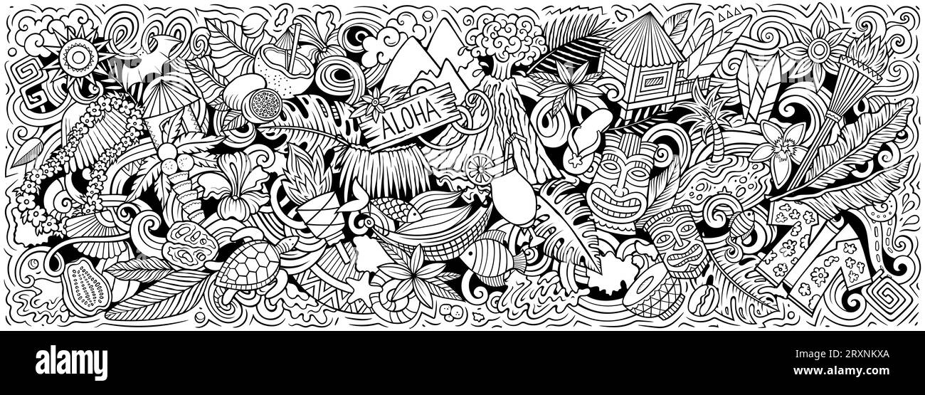 Vektor-Illustration mit hawaiianischen Themendrachen. Skizzenhaftes und auffälliges Bannerdesign, das das Wesen der hawaiianischen Kultur und Traditionen einfängt Stock Vektor