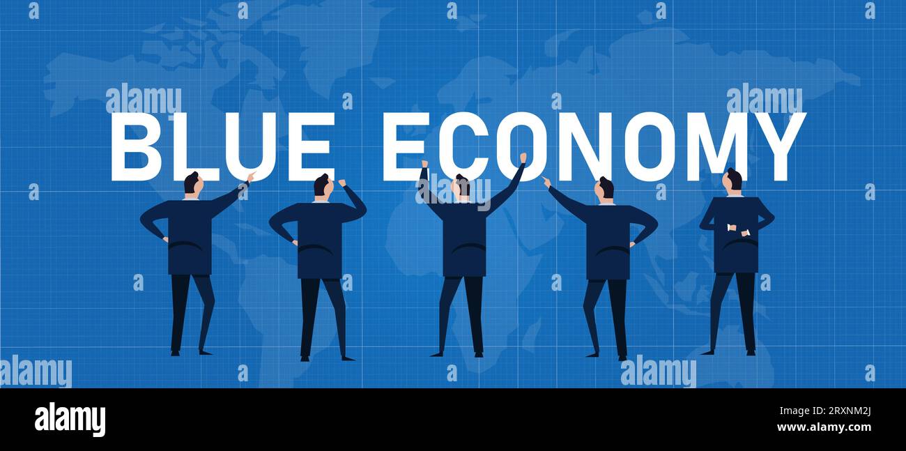 Geschäftsleute der blauen Wirtschaft diskutieren über umweltfreundliche Meeresumwelt verantwortungsvolle wirtschaftliche Finanzinvestitionen Stock Vektor