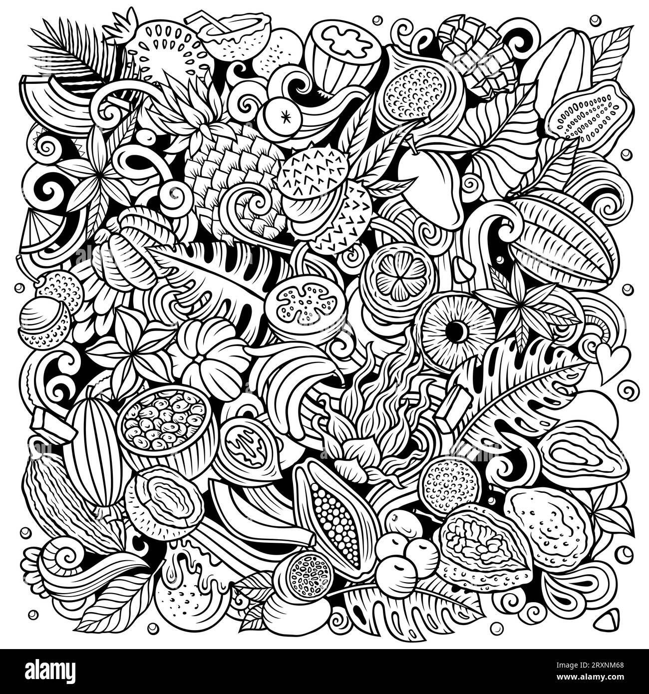 Exotische Früchte Karikaturvektorkritzelillustration. Tropische Lebensmittelelemente und Objekte Hintergrund. Ein komischer Film. Alle Elemente sind getrennt Stock Vektor