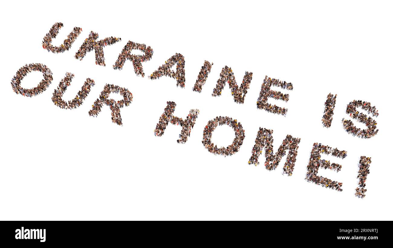 Die konzeptionelle Gemeinschaft der Menschen, die die UKRAINE bilden, IST UNSERE BOTSCHAFT. 3D Illustration Metapher für Land, Patriotismus, Resilienz und Entschlossenheit Stockfoto