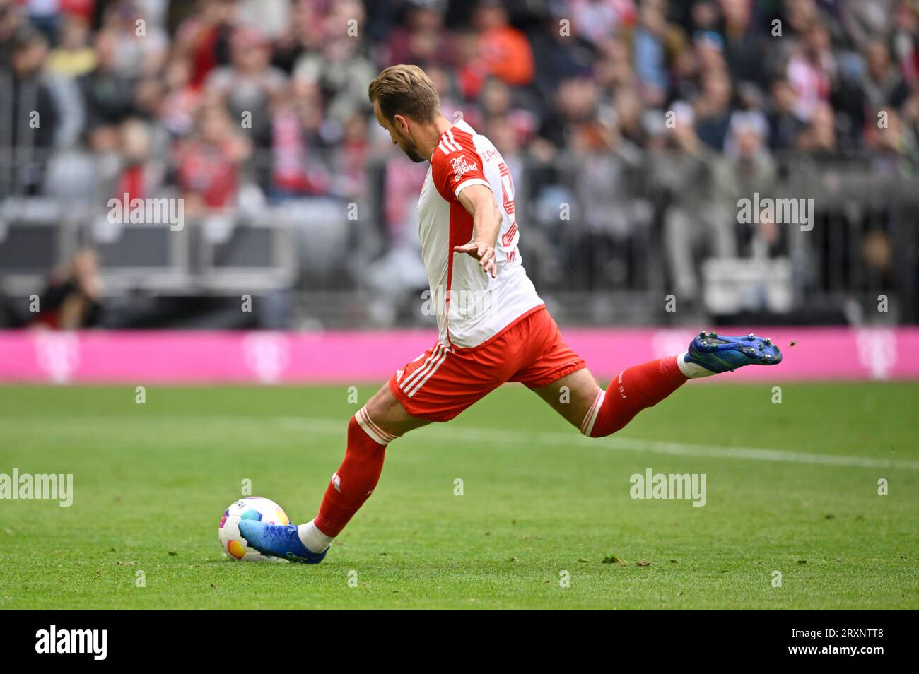 Harry Kane FC Bayern München FCB (09) tritt Elfmeter, Elfmeter, Torschuss, Allianz Arena, München, Bayern, Deutschland Stockfoto