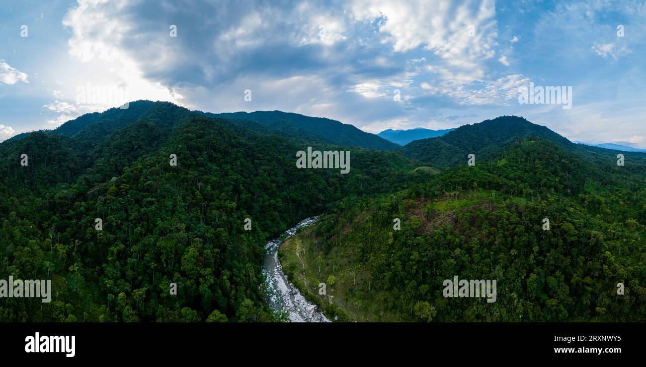Luftaufnahme des Flusses, der zwischen grünen bewaldeten Hügeln fließt, Provinz Napo, Ecuador Stockfoto