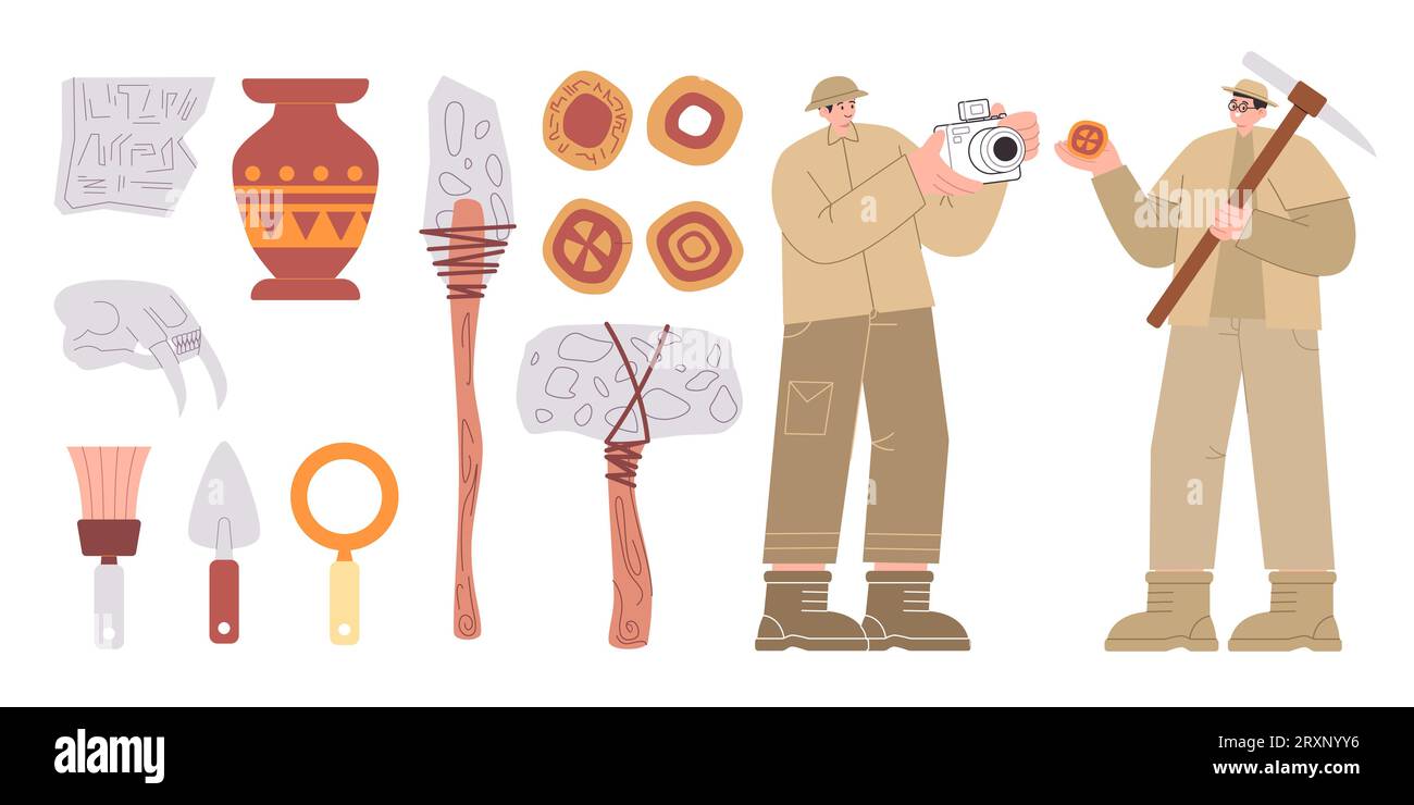 Archäologe Erkundung antike Schatzsuche Grabausrüstung prähistorische Archäologie Fossil flache Illustration Stock Vektor