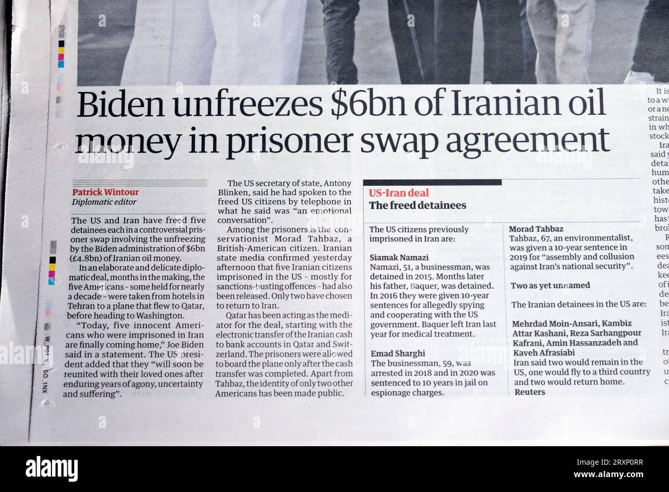 Präsident Joe 'Biden legt iranisches Ölgeld in Höhe von 6 Milliarden US-Dollar in einem Gefangenenaustauschabkommen frei', titelt die Zeitung Guardian in der Schlagzeile der US-iranischen Häftlinge 19. September 2023 London Stockfoto