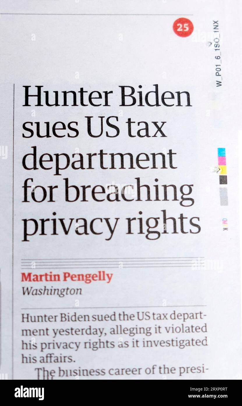 „Hunter Biden verklagt US-Steuerbehörde wegen Verletzung von Datenschutzrechten“, titelt die Zeitung Guardian IRS artikel 19 September 2023 London UK Stockfoto