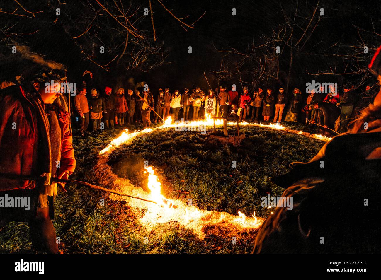 Eine traditionelle englische Wassail, eine Wintertradition, die eine gute Ernte von Apfelbäumen aus einem Obstgarten gewährleisten soll Stockfoto