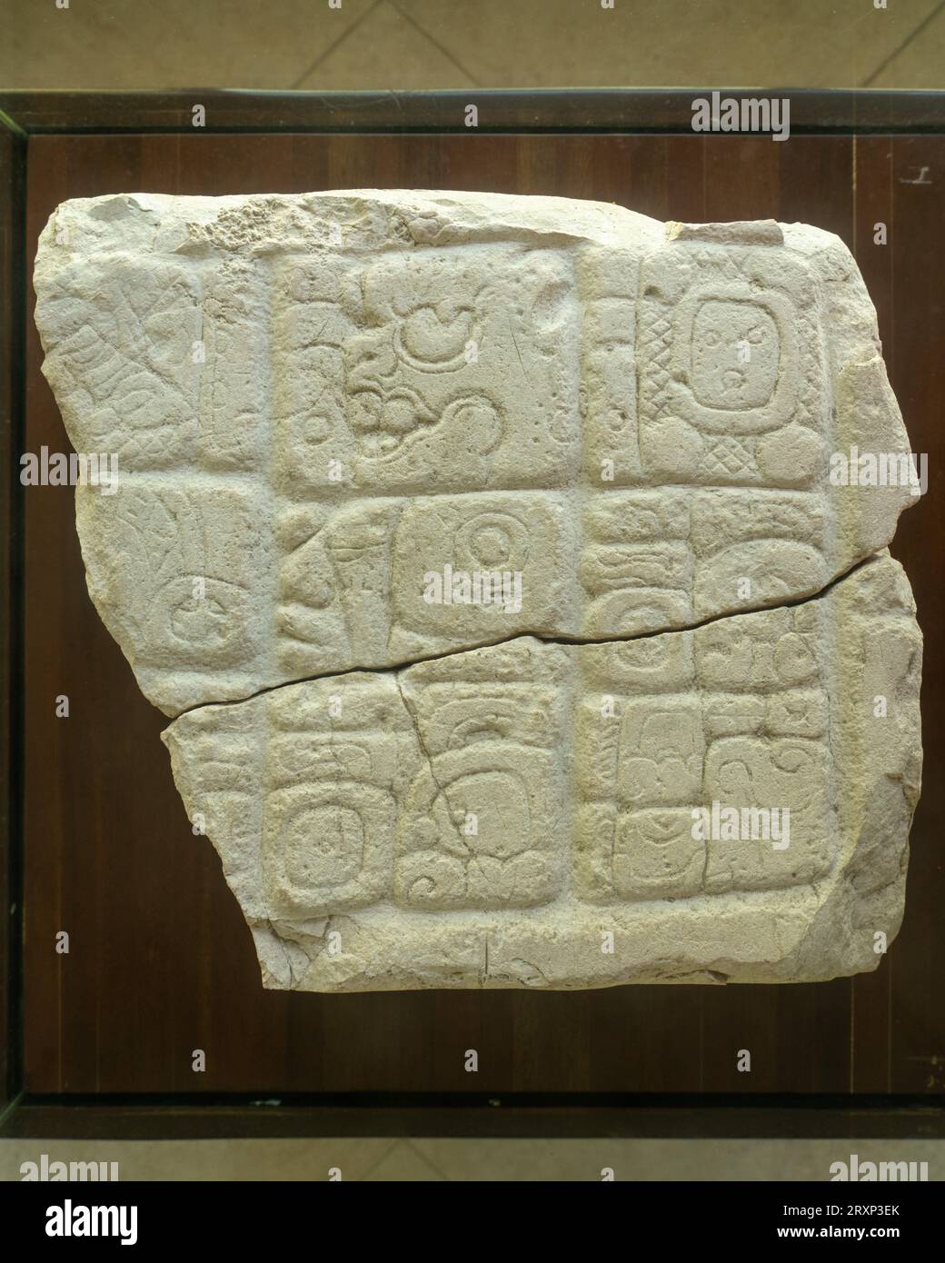 Tafel 2 aus der Struktur A32 auf dem Castillo im Museum im Archäologischen Reservat Xunantunich in Belize. Stockfoto