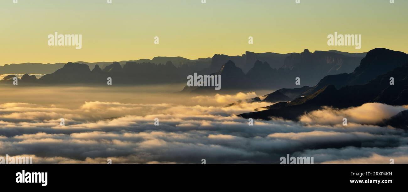 Blick auf die Drakensberg Mountains, umgeben von Morgennebel, KwaZulu-Natal, Südafrika Stockfoto