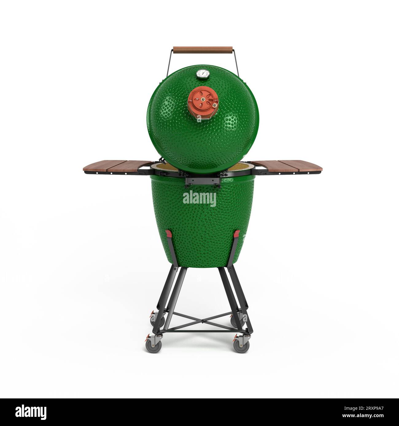 Barbecue grüne Farbe mit Deckel BBQ Grill für den Außenbereich Fleischgerichte zubereiten Rückansicht 3D-Illustration auf weiß Stockfoto