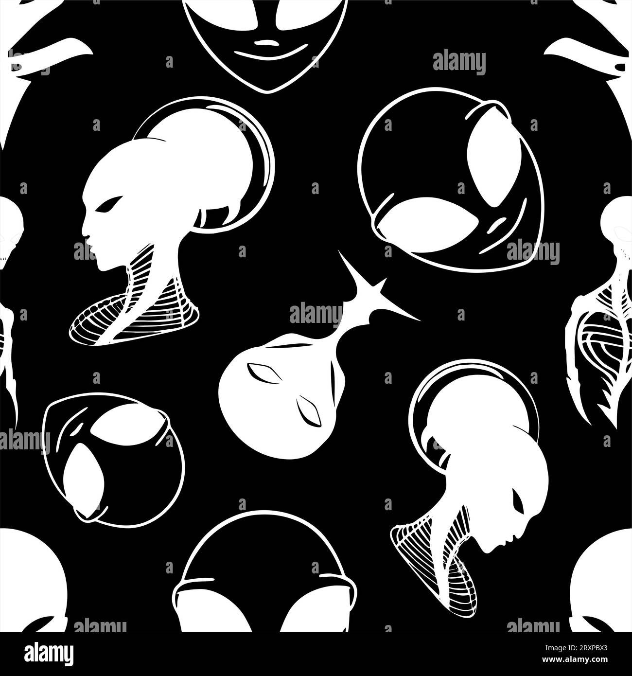 Nahtlose Muster weißer grafischer Aliens auf schwarzem Hintergrund, Textur und Design Stockfoto