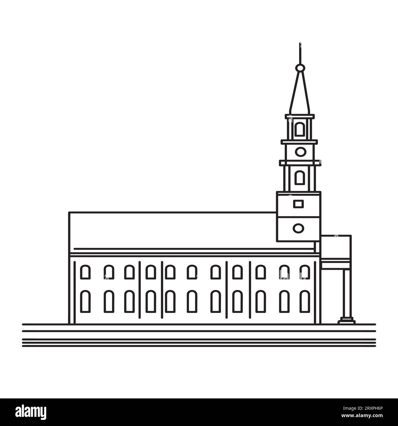 Mono-Linien-Illustration einer Kirche mit Kirchturm von der Seite gesehen, in Monoline-Linien-Kunst schwarz-weiß. Stockfoto