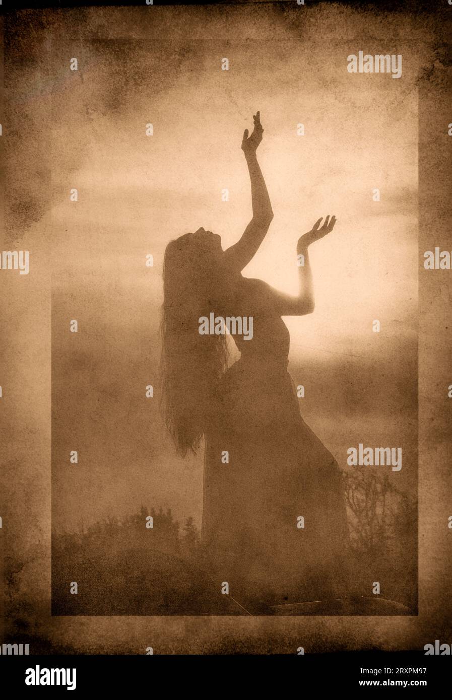 Silhouette einer langhaarigen Frau, die gegen die untergehende Sonne steht Stockfoto
