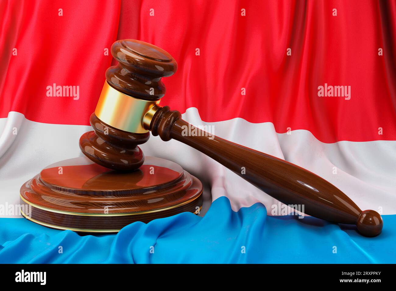 Luxemburgisches Recht und Gerechtigkeitskonzept. Holzgabel auf luxemburgischer Flagge, 3D-Rendering Stockfoto