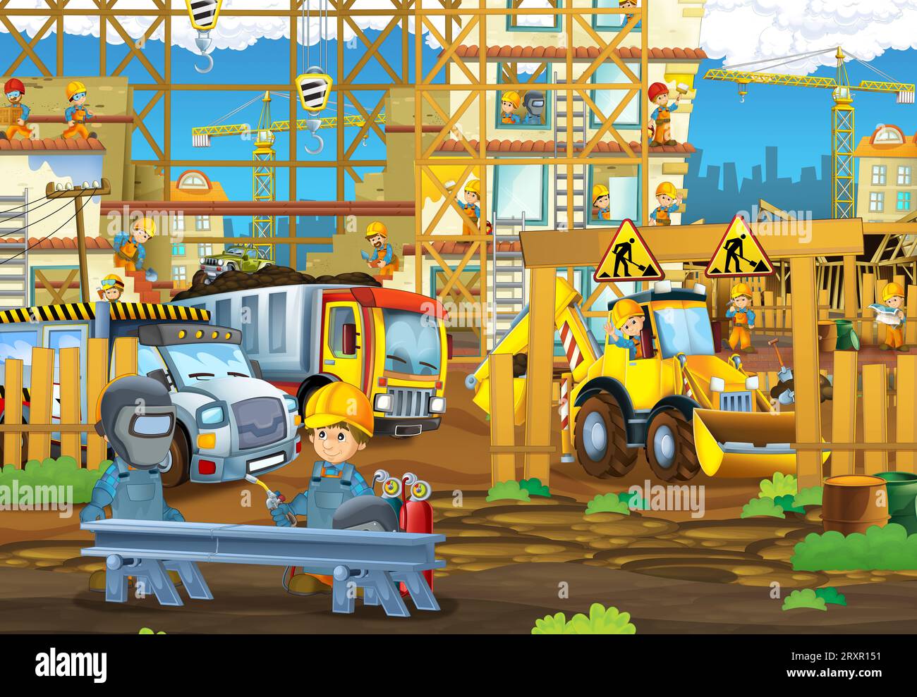 Zeichentrickszene mit Industriebau mit Ausrüstung oder Transportillustration für Kinder Stockfoto