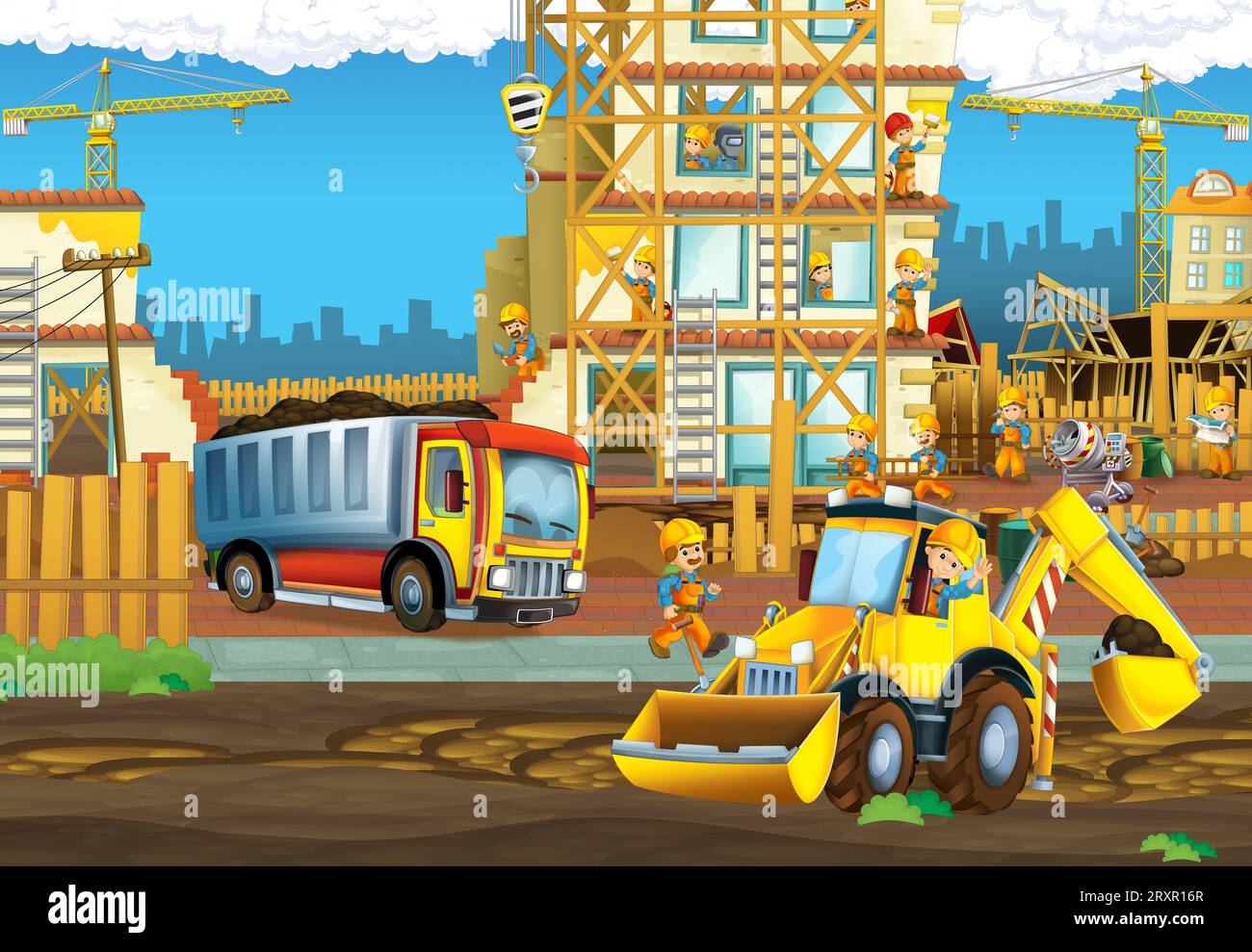 Zeichentrickszene mit Industriebau mit Ausrüstung oder Transportillustration für Kinder Stockfoto
